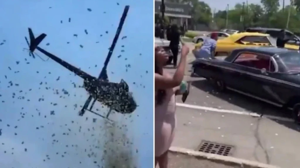 VIDEO: cumplen último deseo de empresario y arrojan dólares desde un helicóptero