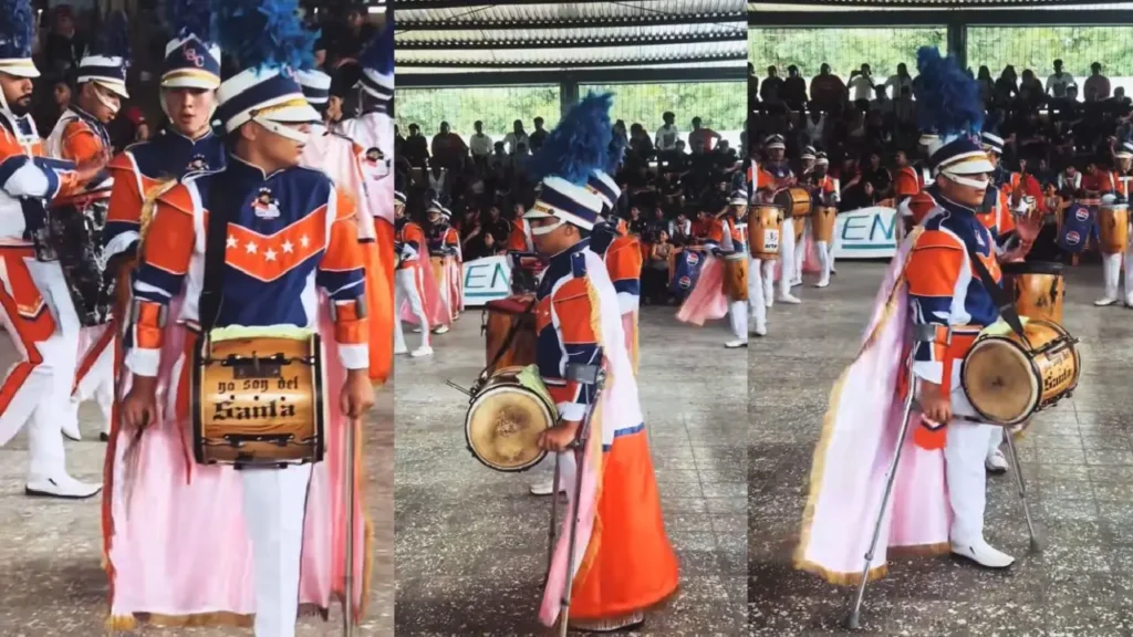 Con una pierna y dos muletas, joven conquista TikTok tocando tambor en su banda