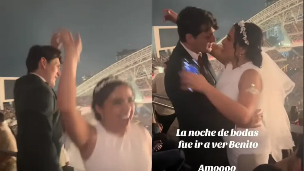 Con vestido de novia y traje, pareja celebra boda en concierto de Bad Bunny