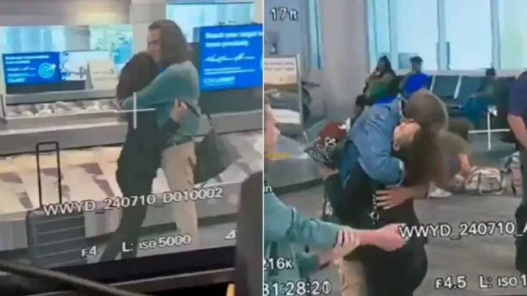 Mujer se despide de su novio en aeropuerto y segundos después aparece su esposo