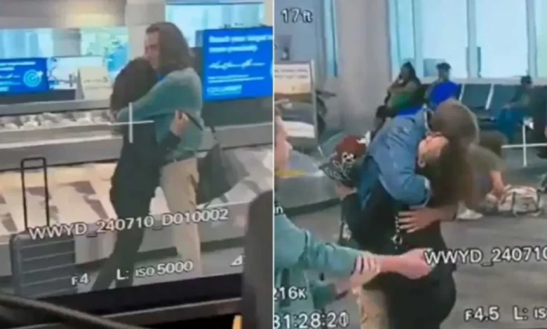 Mujer se despide de su novio en aeropuerto y segundos después aparece su esposo