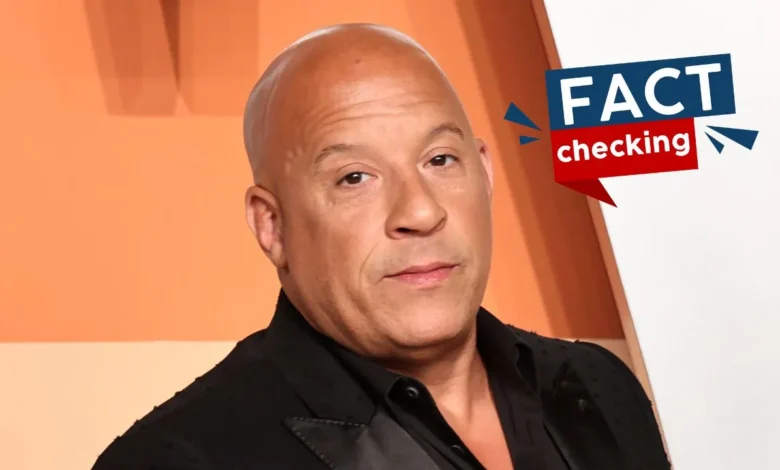 Vin Diesel con un saco negro en una ceremonia y el logo de fact checking de