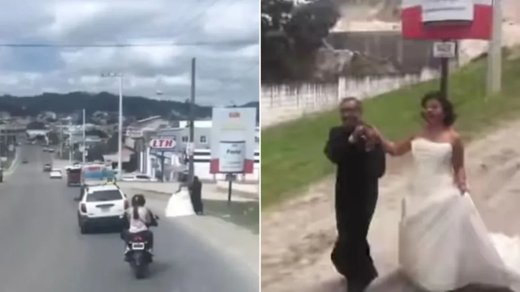 Pareja pasea con traje de bodas por las calles de Santa Rosa de Copán